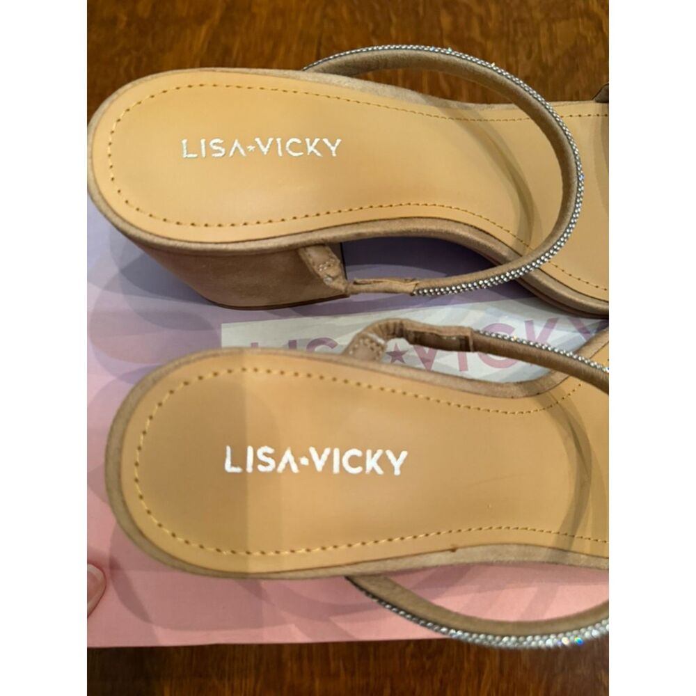 NWT Lisa Vicky Rhinestone Two Strap Block Heel Sandals Nude Size 8 - Picture 2 of 7